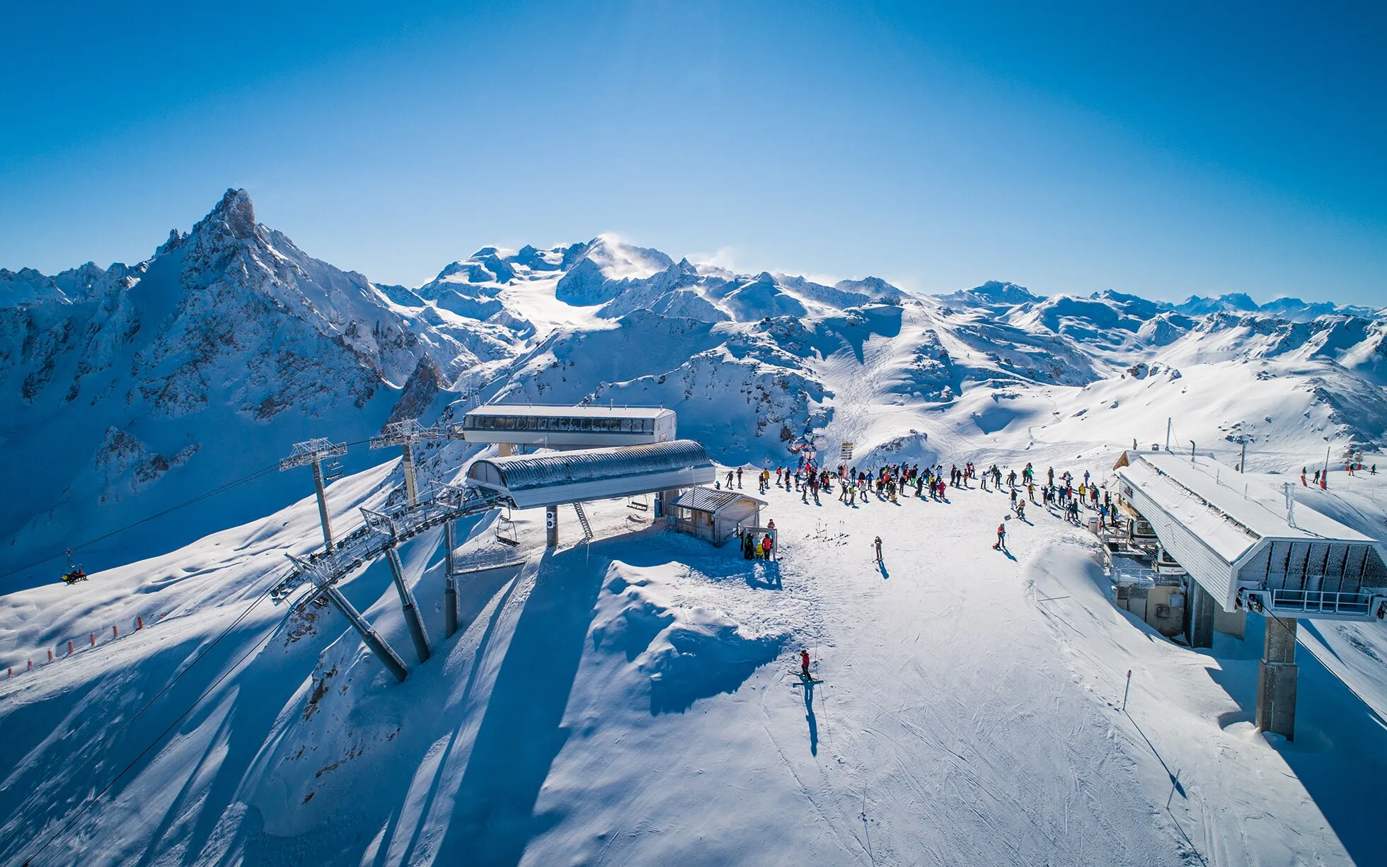 birds eye of the top of the lifts in courchevel ski resort