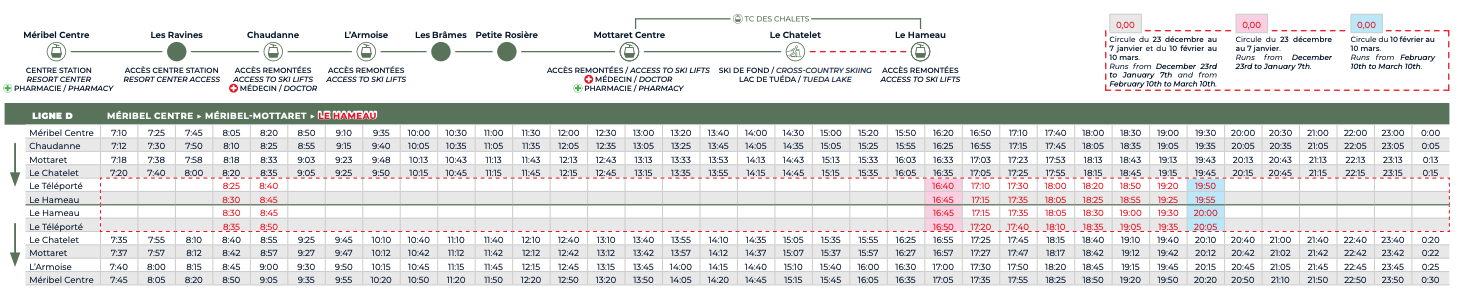 meribel free shuttle bus timetable