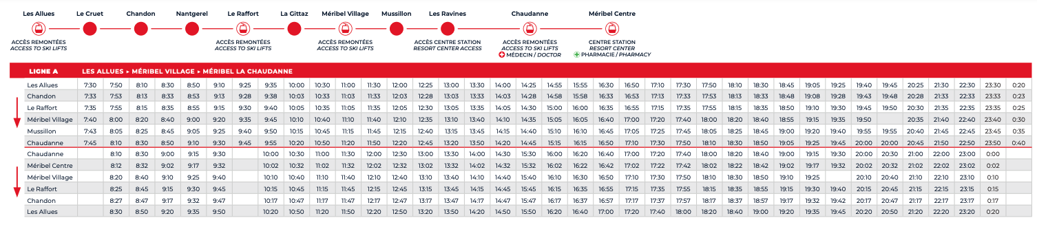 meribel free shuttle time table